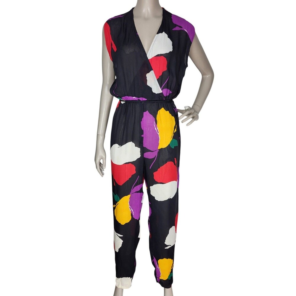 Vintage 70s/80s Ann Marie Black Abstract Floral Sleeveless Surplice Jumpsuit